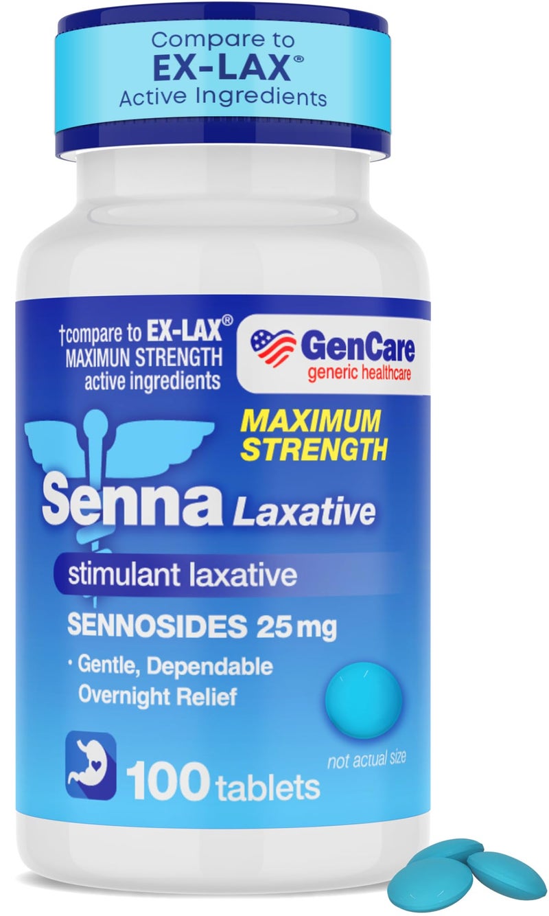 GenCare - Maximum Strength Senna Laxative 25mg (100 Tablets) - Gentle Constipation Relief Sennosides USP Stimulant Laxatives Digestion Pills - Natural Overnight Relief while You Sleep - Generic Ex Lax - Image 1